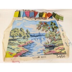 Royal Paris Painted Needlepoint Canvas Lake Pond Still Life W/ Bucilla Wool Yarn